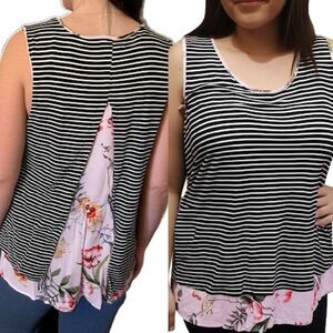 Wallpapher Nordstrom Black & White Stripe  Floral-Print Contrast Tank Top Large